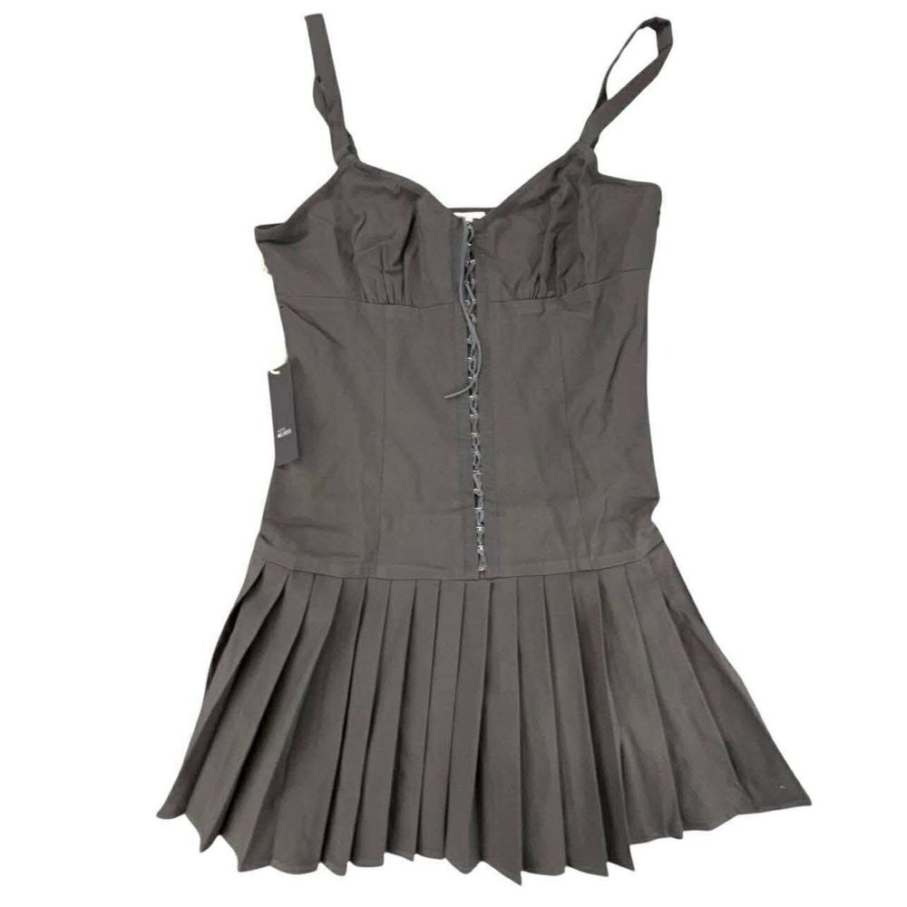 WEST OF MELROSE Black Corset Pleated Mini Dress Lace Up Straps goth emo punk NWT